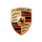 Porsche emblem logo on a white background, showcasing luxury sports car branding with a crest design featuring black, red, and gold colours.